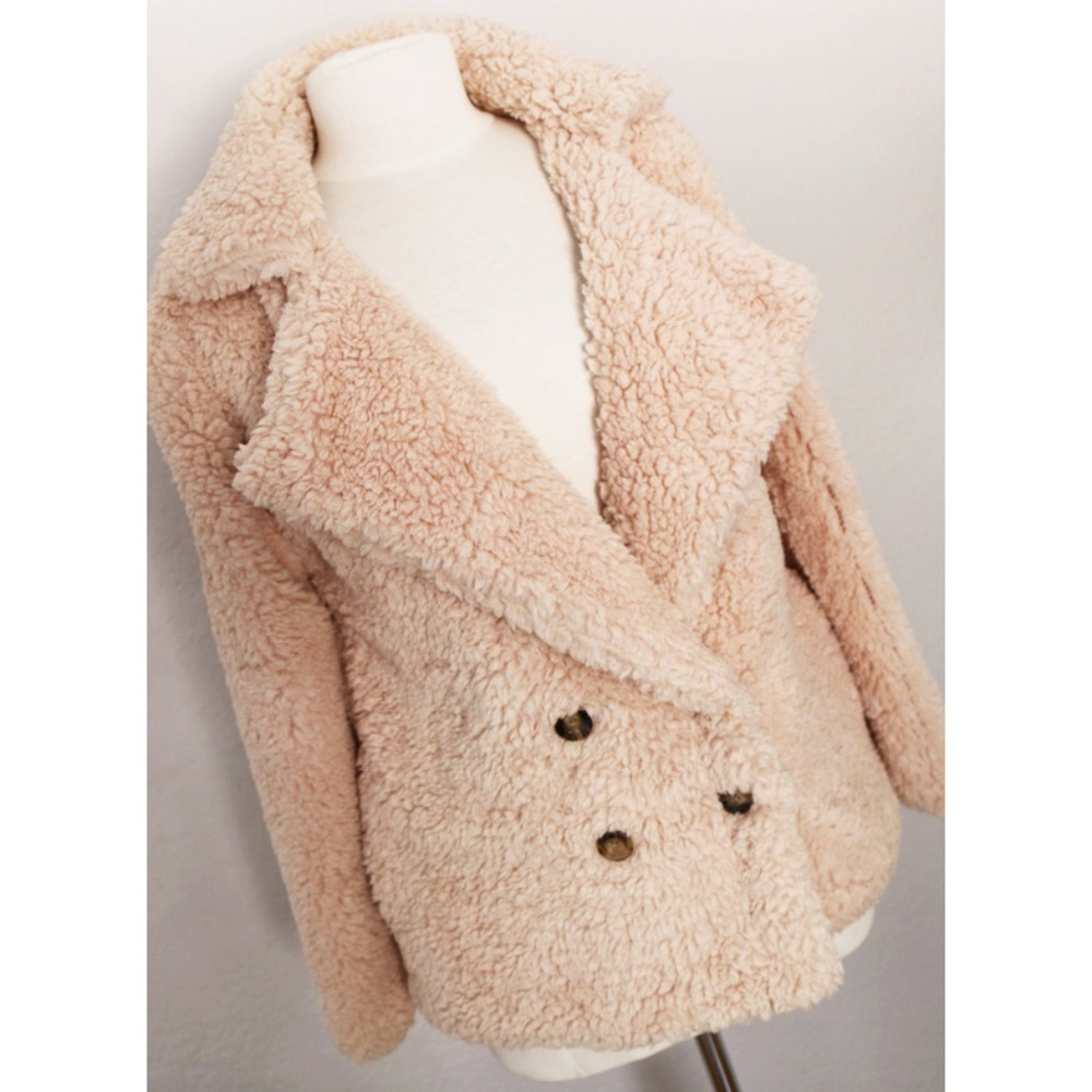 Beige Fluffy Cozy Soft Button Pocket Teddy Jacket - Picture 2 of 8
